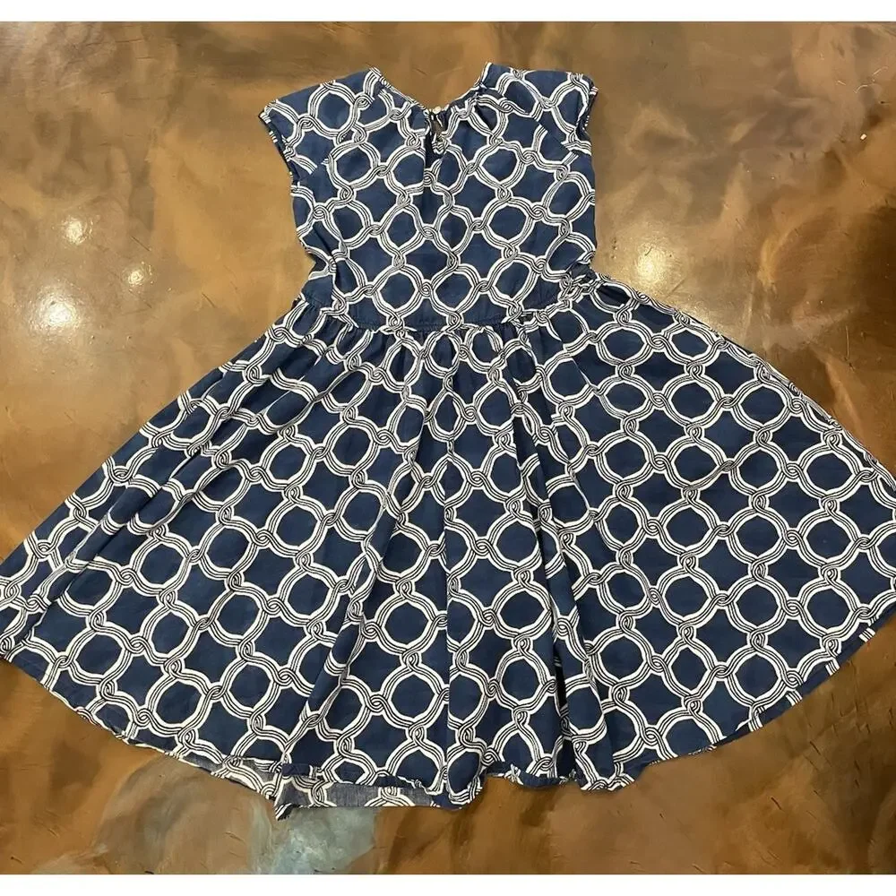 Lands' End Navy Blue White Classic Fit Flare Geometric Dress 8 Girls